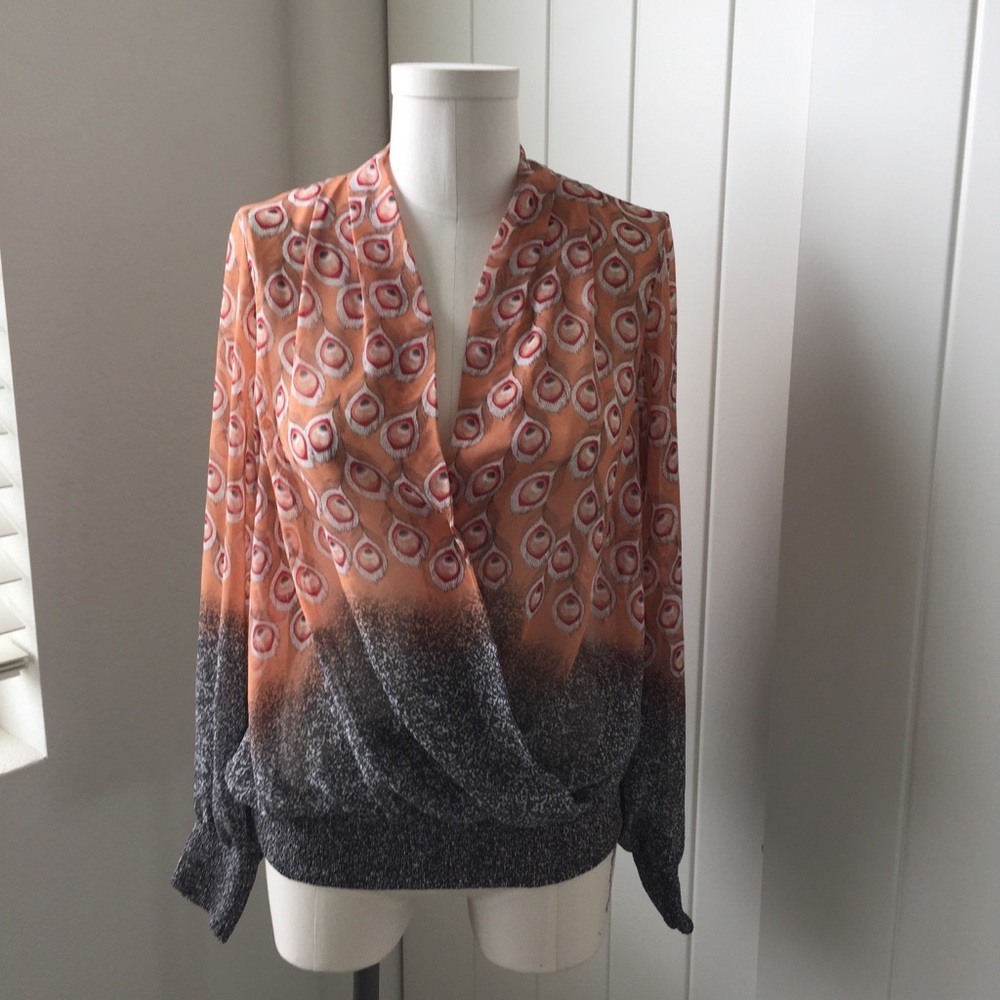 Anthropologie Peacock Feather Print Blouse-Size L